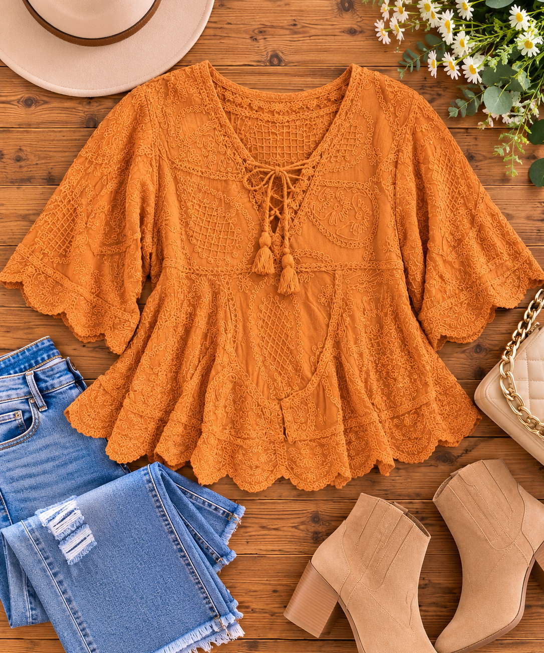 Cinnamon Embroidered Top