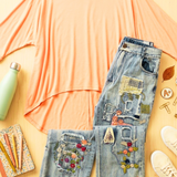 Denim Pants Emb. Patchwork