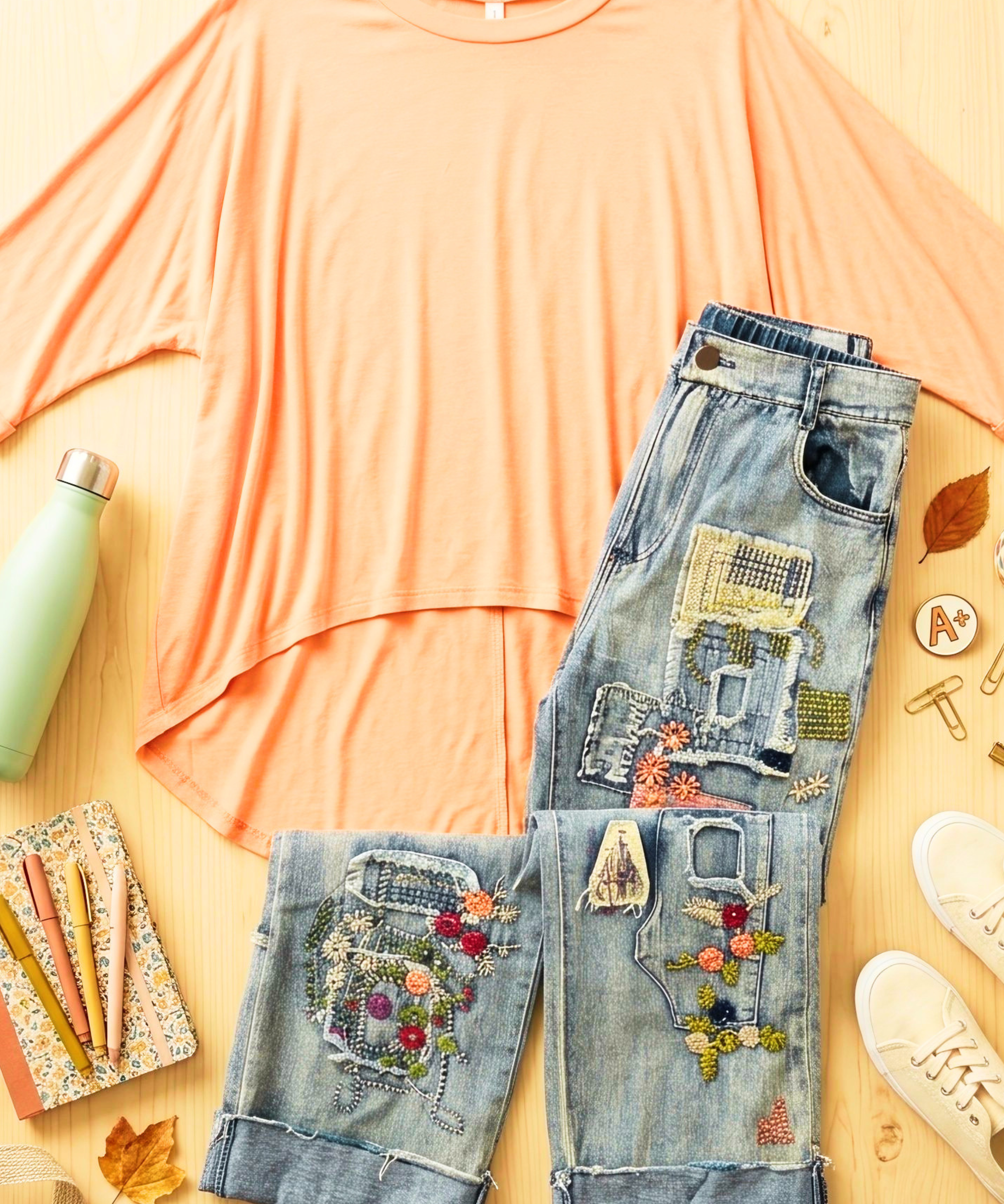 Denim Pants Emb. Patchwork