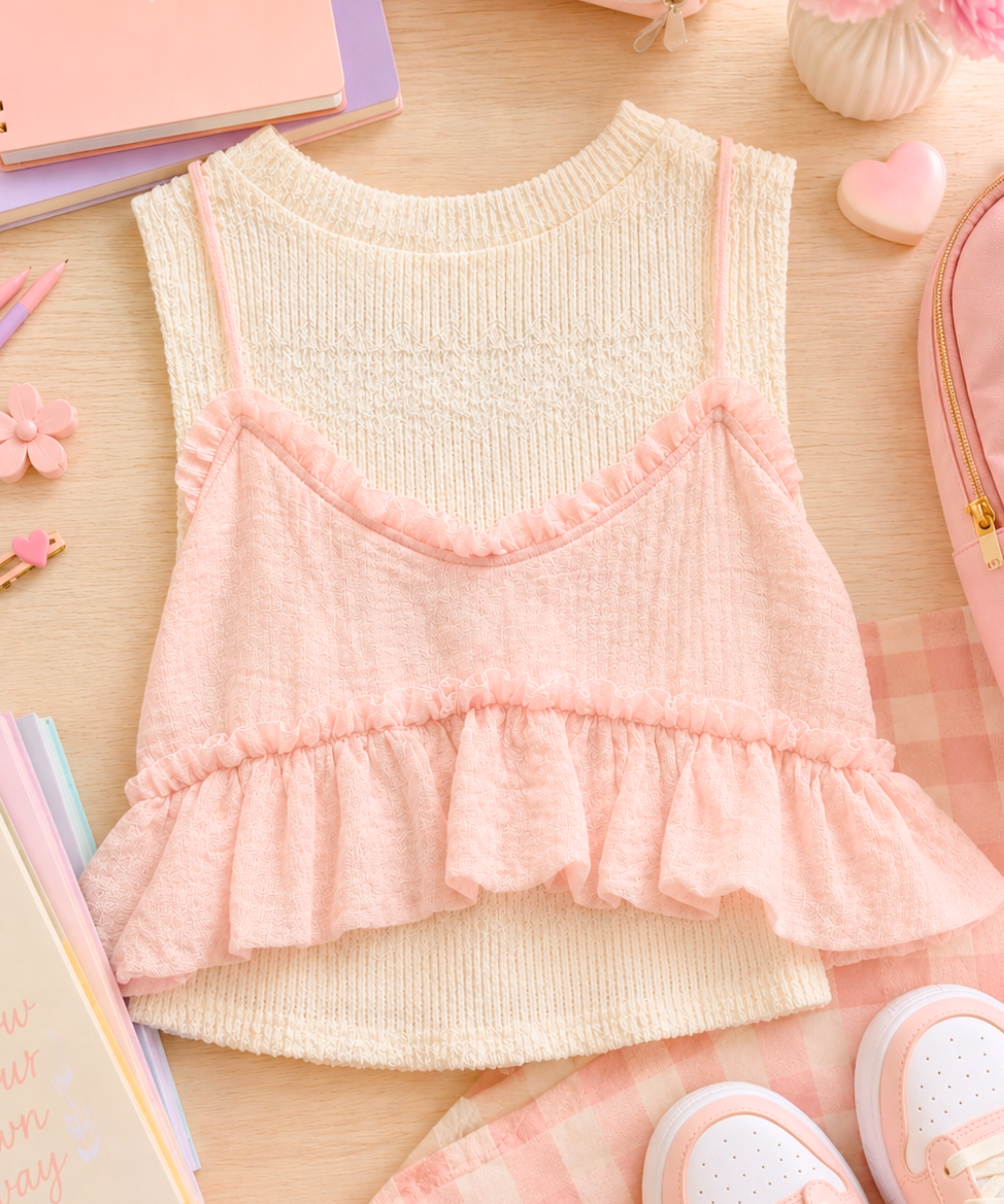 Ivory/Pink Bubble Hem Top