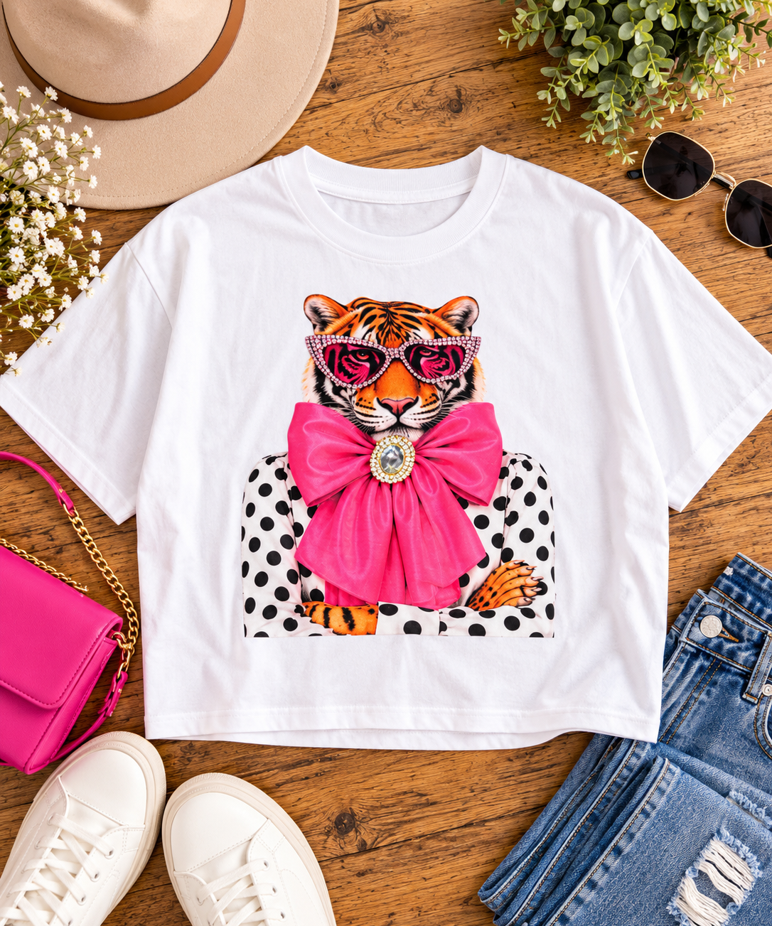 Pink Bow Tiger Boxy Tee