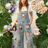 Embroidered Patchwork Overalls