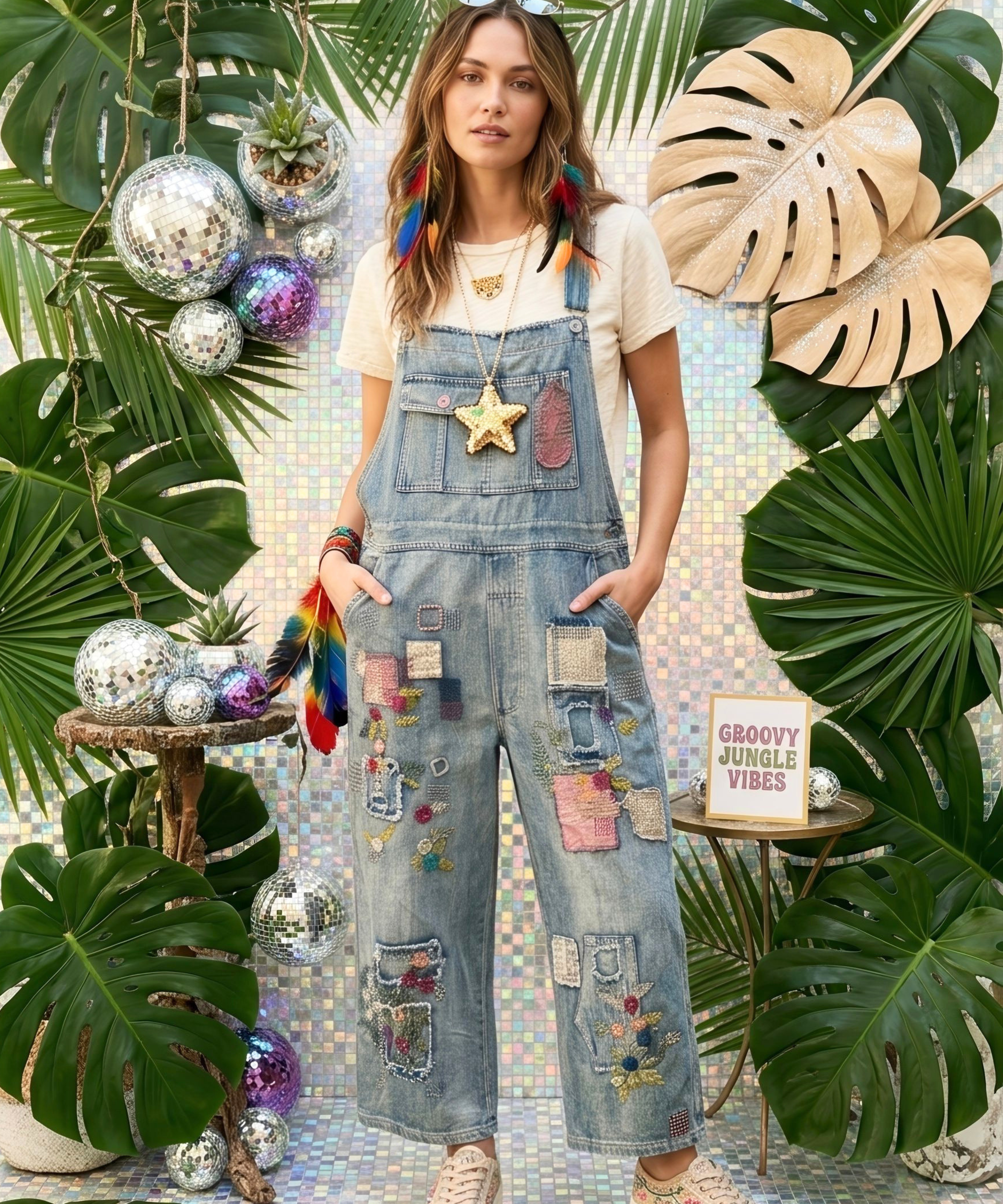 Embroidered Patchwork Overalls