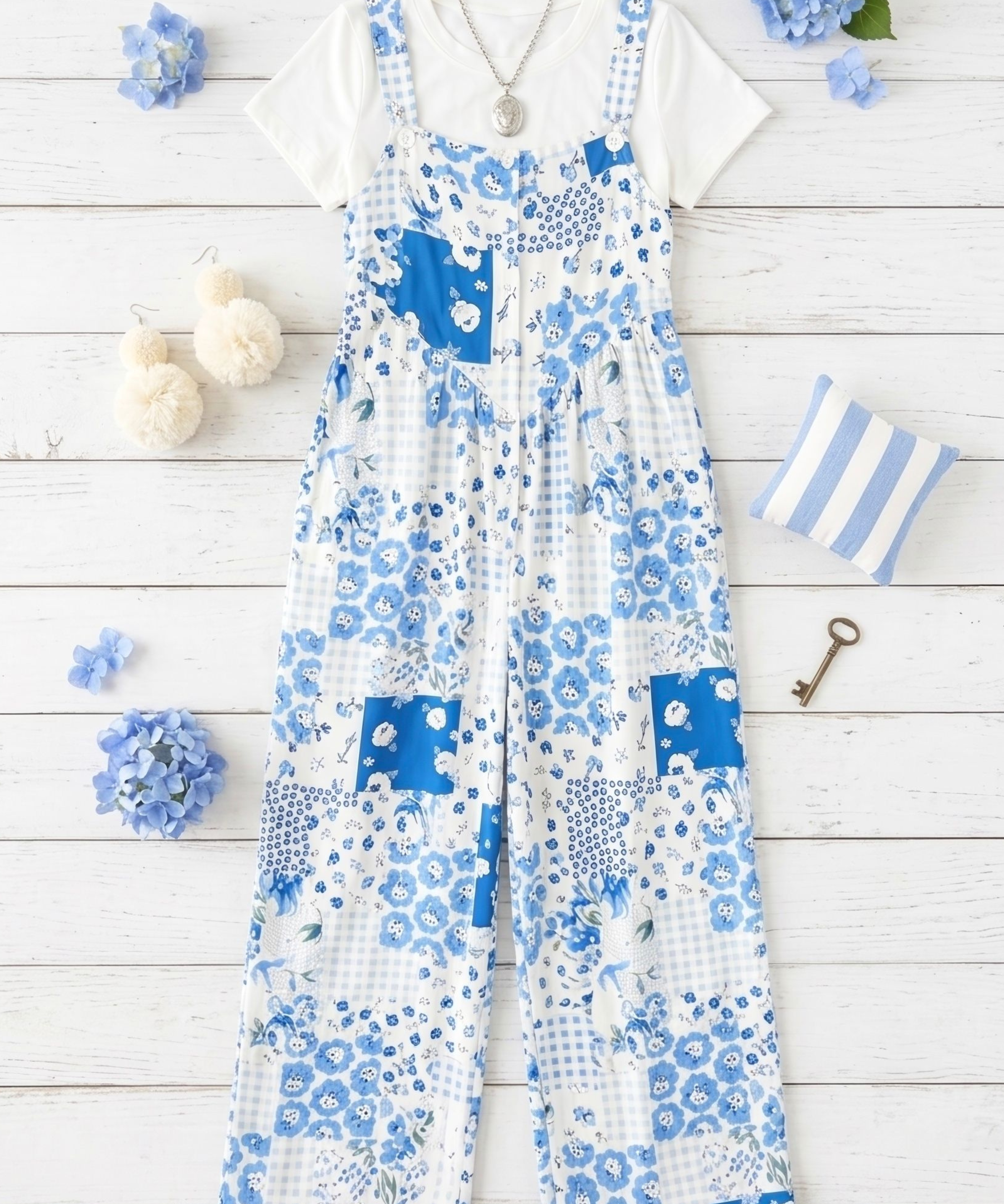 Plus Blue Floral Patchwork Overalls