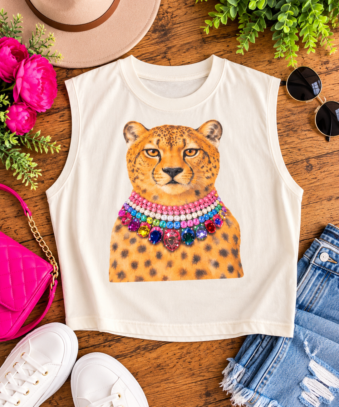 Boxy Sleeveless Jewel Cheetah Tee